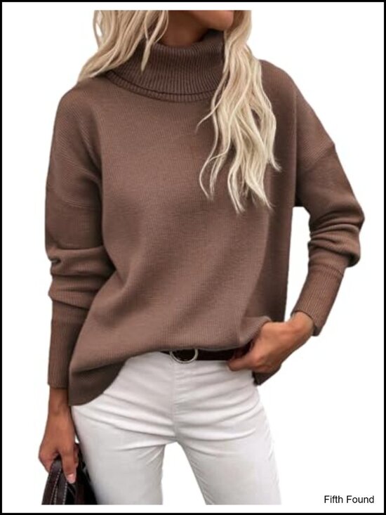 Sweaters - Chunky Knit Turtleneck Pullover Sweater High Low Hem Drop Shoulder Womens
